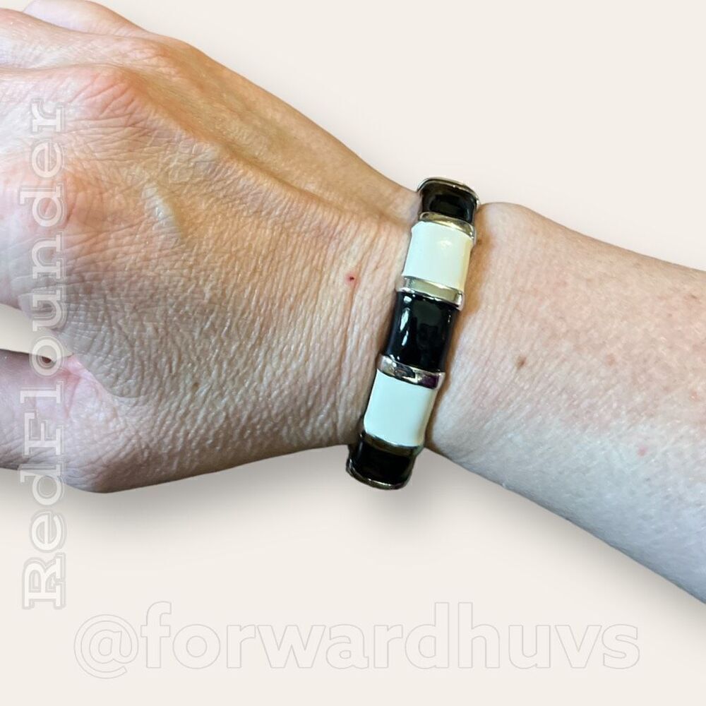 Bundle Sale 3 for $15 | Silver Tone Metal Black & Cream Enamel Hinge Bracelet